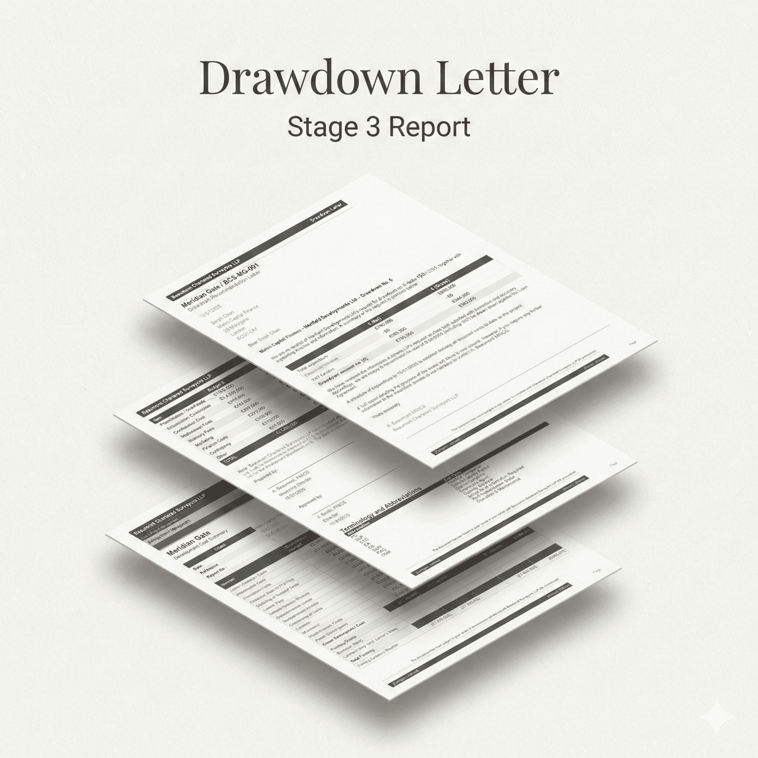 Drawdown Letter — 3D exploded axonometric view
